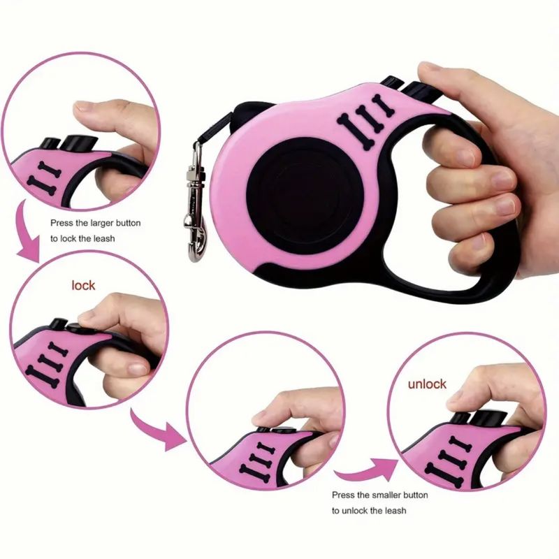 Haustierleine mit Doppelschalter, Ein-Knopf-Bremsschloss, 5 m Grad einziehbar, einfach zu steuern für kleine und mittelgroße Haustiere_voghion.com