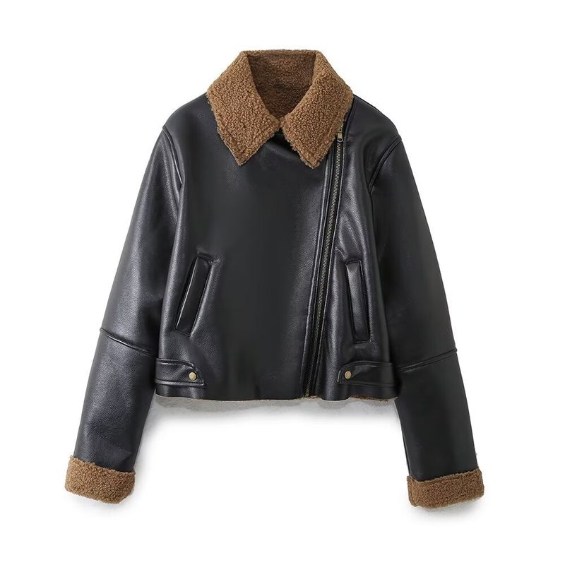 Women's clothing 2024 autumn and winter new fashion velvet lining motorcycle jacket_voghion.com