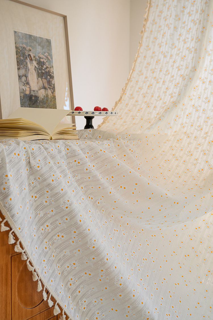 Cortinas de algodón semitransparentes de estilo japonés, sin perforaciones, con ganchos y ojales, con estampado floral bohemio y garabatos para sala de estar y dormitorio._voghion.com