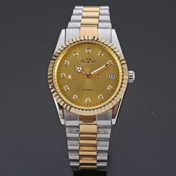 men's gold steel band business watch rhinbit band calendar through the bottom automatic manual mechanical watch_voghion.com