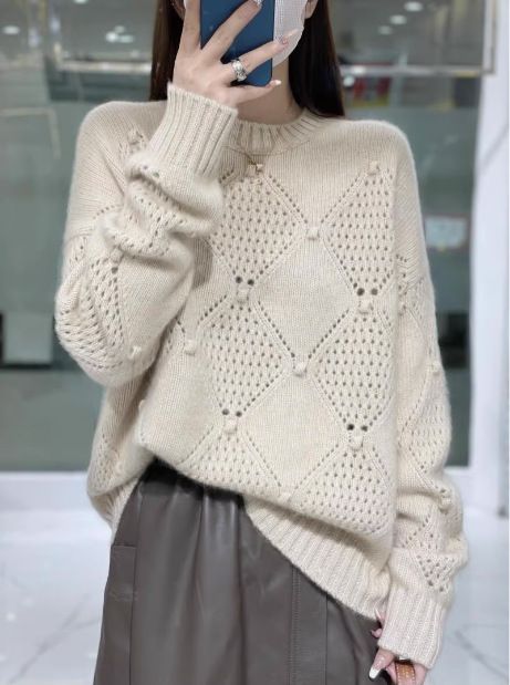 girl 2023 New High-End Round Neck Autumn Winter Women's 100% Wool Loose Lazy Top Thickened Warm Base Sweater_voghion.com