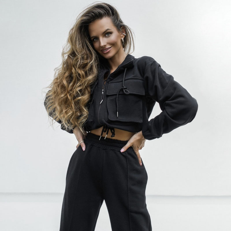 Women's solid color zipper double bag drawstring long sleeve shirt fashion casual long pantsuit_voghion.com