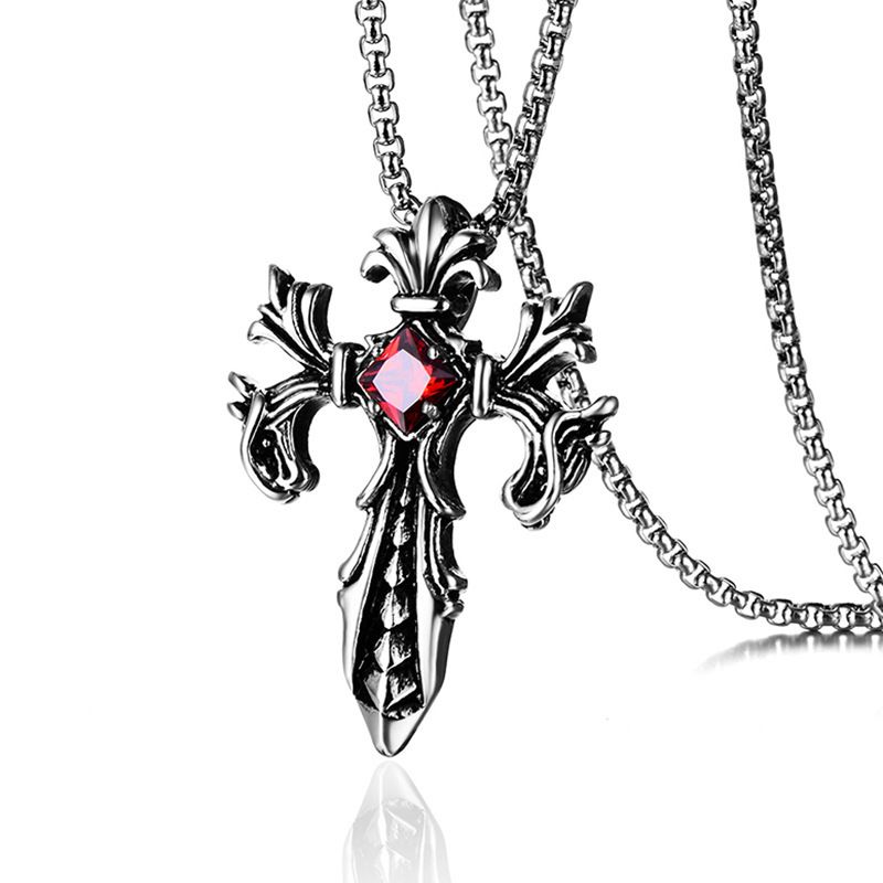 Personality Jewelry Titanstahl mit rotem Anhänger, Doppeldrachenkreuz-Halskette für Herren_voghion.com