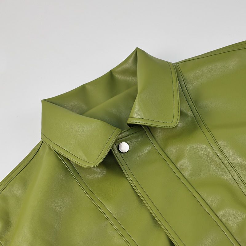 Giacca in similpelle di ispirazione vintage con revers a lancia – Vestibilità oversize, verde oliva e marrone, stile moderno da pendolare_voghion.com