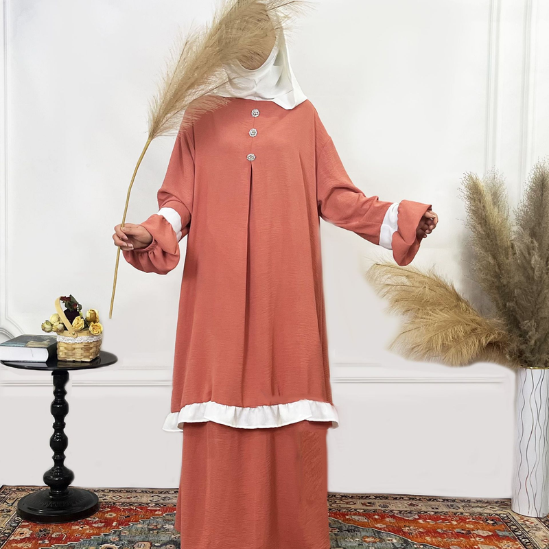 Women's Clothing Solid Color Ruffled Burkha Two Piece Set_voghion.com