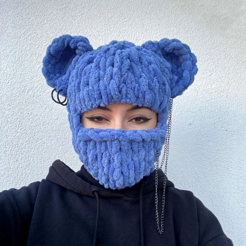 Moodne karukõrvad heegeldatud balaklava naistele käsitsi valmistatud ketiga kootud müts moepeo šenillmask soe kõrvakaitse_voghion.com