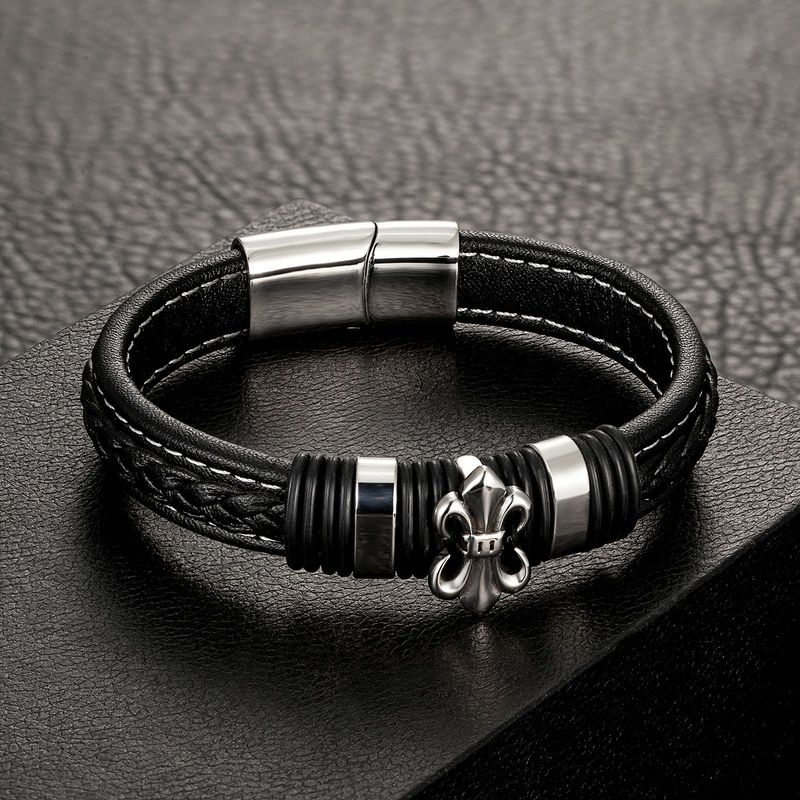Bracciale intrecciato in acciaio inossidabile con cordino in pelle da uomo, accessorio di personalità_voghion.com