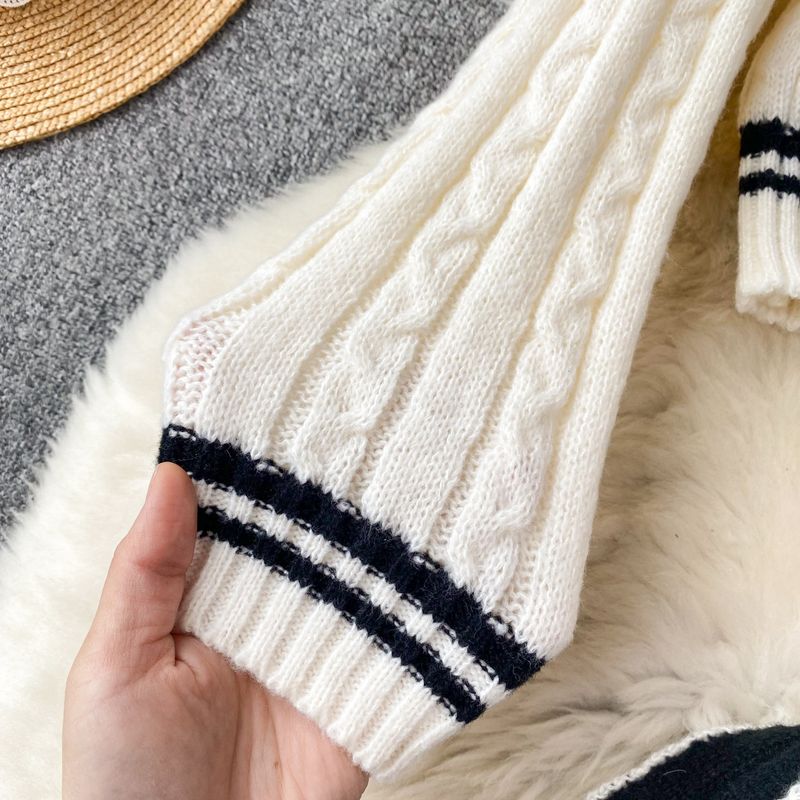 Women's Clothing Autumn and winter lazy style loose lapel striped sweater + high waist slim wide leg shorts knitted suit_voghion.com