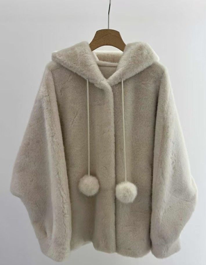 Cappotto con cappuccio in finta pelliccia di visone da donna – Giacca lunga invernale da strega per donna (avorio/rosa/nero, taglia unica)_voghion.com