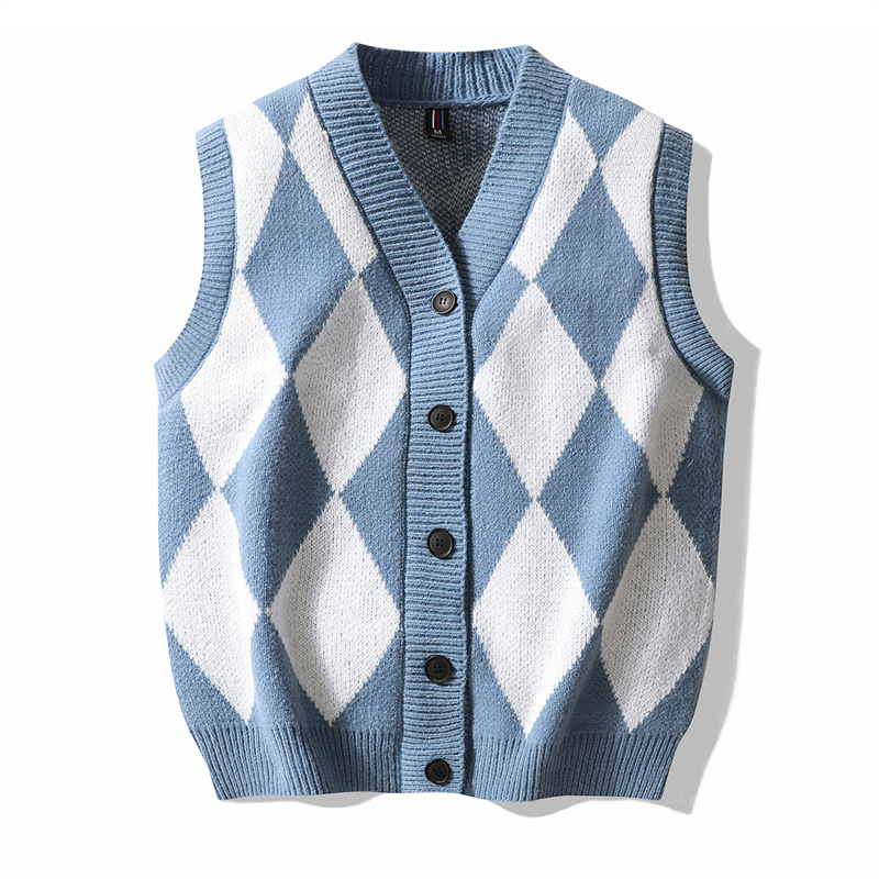Autumn V-Neck Sleeveless Button Short Loose Versatile Black Diamond Knit Cardigan Vest For Men_voghion.com