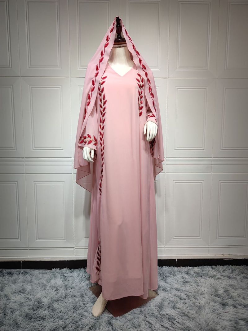 Damenmode Street Chiffon langes muslimisches besticktes rosafarbenes Rundhalskleid mit Hijab_voghion.com