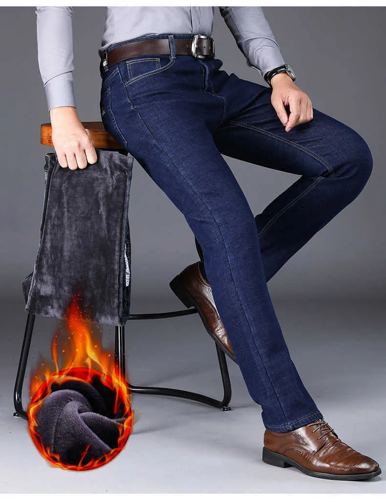 2022 Winter Neue Herren Fleece Warme Jeans Klassischer Stil Business Casual Verdicken Regular Fit Denim Hose Schwarz Blau Marke_voghion.com