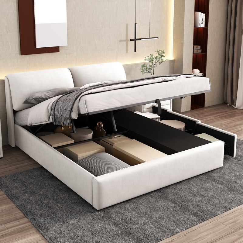 Cadre de lit coffre hydraulique rembourré en velours avec 3 tiroirs, sommier à lattes, beige, 180 x 200 cm, matelas non inclus_voghion.com