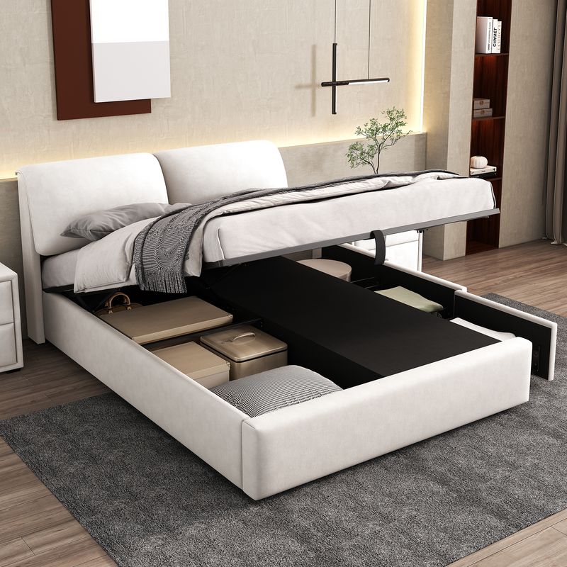 Lit coffre hydraulique 140 x 200 cm, 3 tiroirs, cadre de lit capitonné en velours beige avec sommier à lattes et tête de lit, matelas non inclus._voghion.com