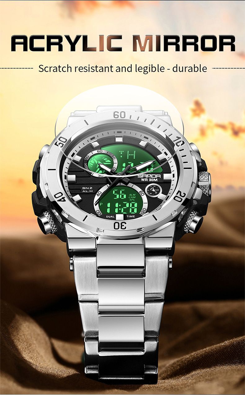 Montre homme en acier inoxydable à double affichage, multifonctionnelle : étanche, rétroéclairage LED, chronomètre, alarme, heure universelle, bracelet en acier inoxydable._voghion.com