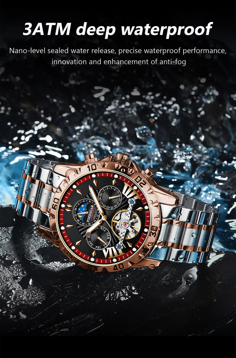 Herren Automatik Mechanische Uhr Hohl Tourbillon Wasserdicht Leuchtend Datum Woche Edelstahl Herrenuhr_voghion.com