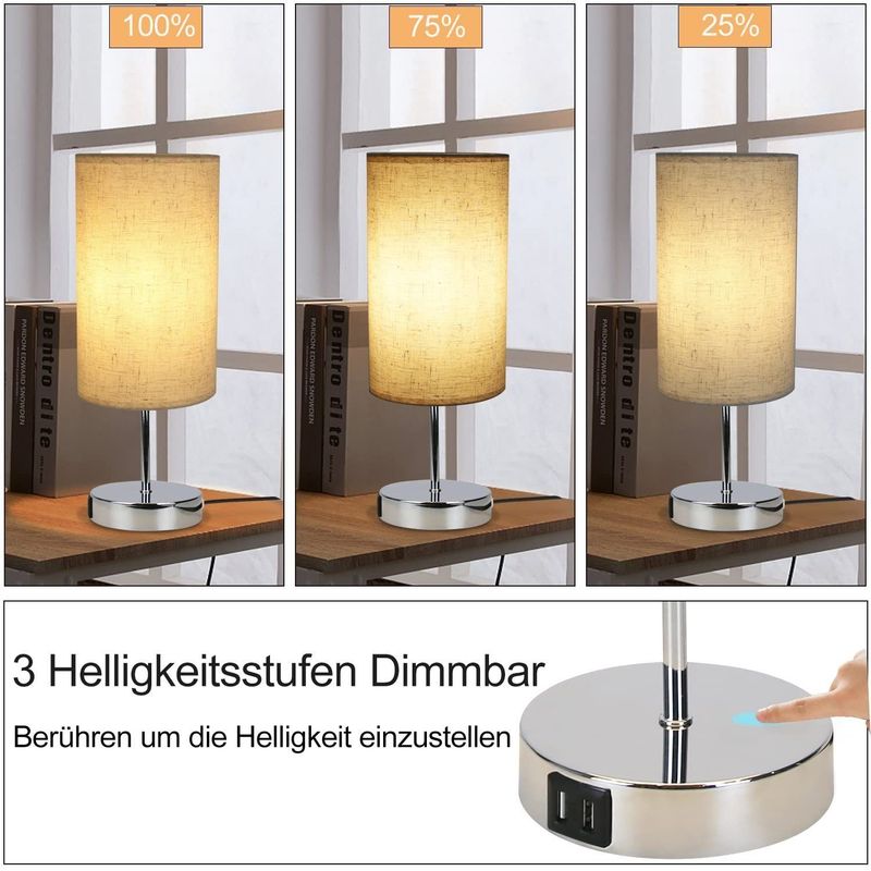 Glitzerlife 2er Nachttischlampe Touch - E27 Modern Dimmbar Tischlampe Mit USB Anschlüssen Nachttisch Lampe Mit Ladefunktion Und Stoffschirm Für Hotel Büro Flur_voghion.com