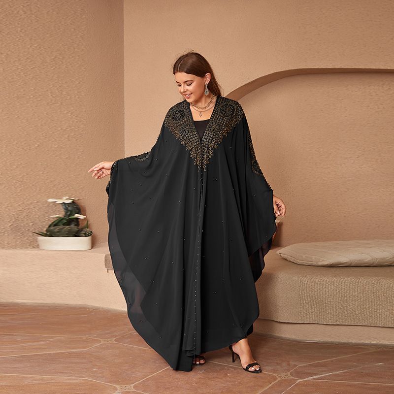 Women's rhinestones beaded lengthened HD Muslim shawl hooded cloak._voghion.com