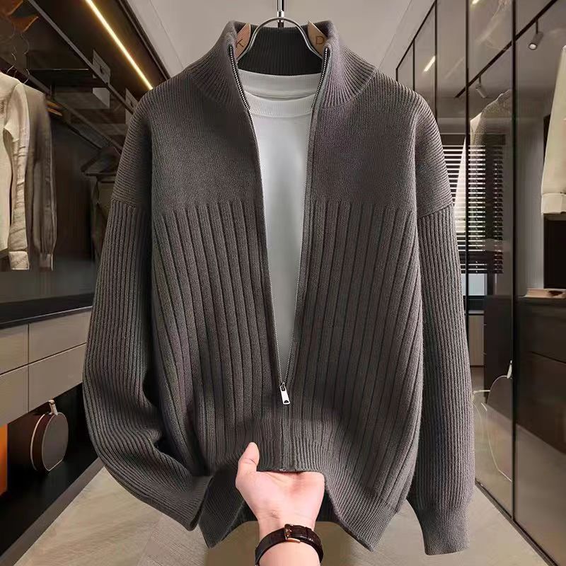 Men's Knit Cardigan Sweater With Stand Collar & Zipper - Solid & Striped Casual Pullover For Autumn & Winter_voghion.com