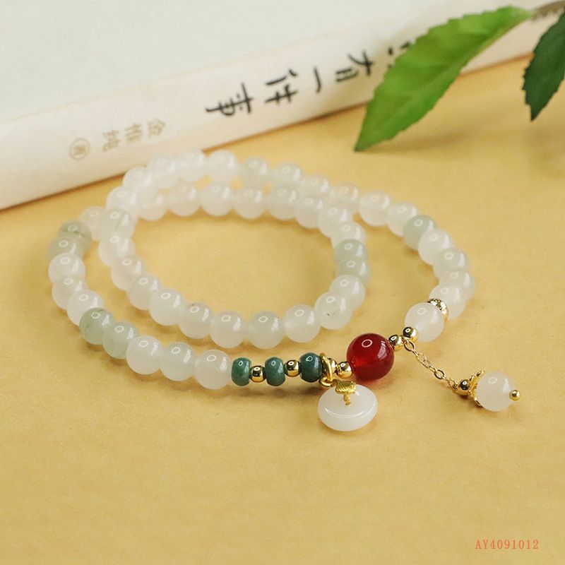 Bracciale con perline di giada e agata a doppio cerchio Aiyu Tianshan, gioielli in stile cinese AY4091012_voghion.com
