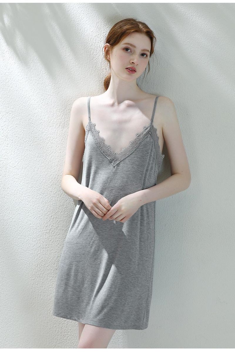 Plus-Size Elegance: Sleeveless V-neck Suspender Pajama Skirt, Pure Lace Splicing, Summer Thin Style For Curvy Women Up To 150kg_voghion.com