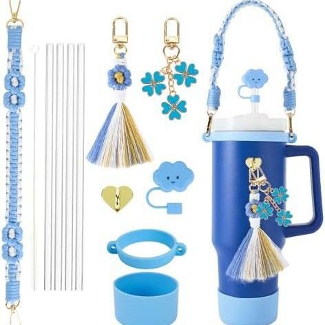 Silicone Grip Daisy Accessory Set 4-Piece Cup Sleeve With Cloud Shaped Straw Lid Colorful Hand Strap Floral Tassel Keychain Fits 16-30oz Tumblers_voghion.com