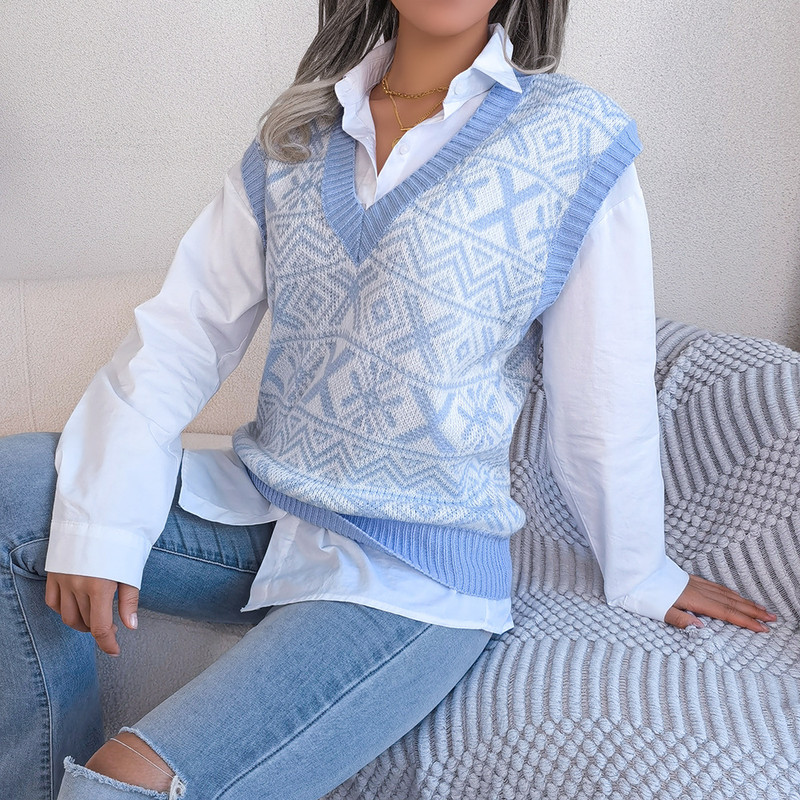 2023 Autumn And Winter Christmas Snowflake Pattern V-Neck Knitted Vest Sweater Women's Clothing_voghion.com