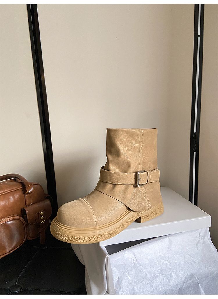 Women's Distressed Western Ankle Boots - Stacked Fold Design, Round Toe, Chunky Heel, Waterproof PU (Black, Khaki)_voghion.com