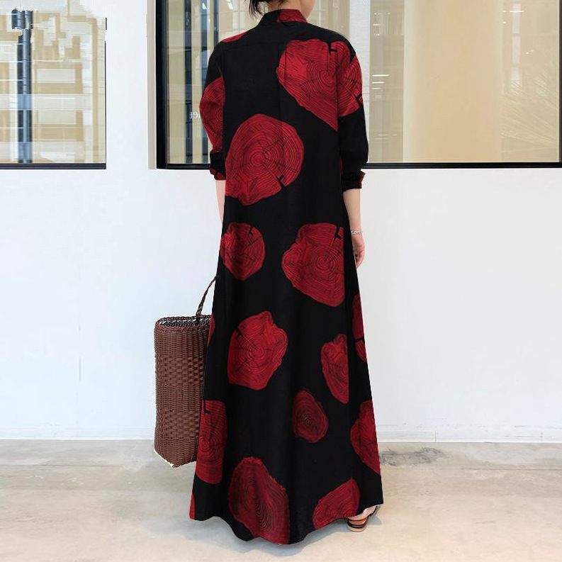 Schlichtes Langarmkleid aus Baumwollleinen für Damen – A-Linien-Tunika mit Blumendruck und Polokragen, locker sitzendes, lässiges Maxikleid für muslimische Mode_voghion.com