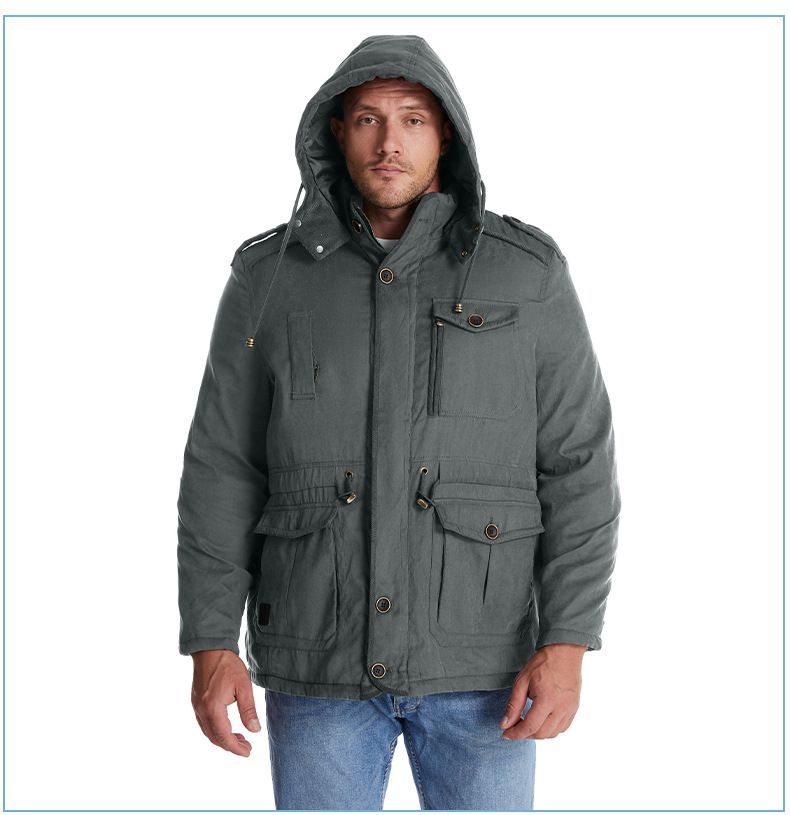 Men's Plus Size Shearling Hooded Cotton Jacket Thickened Multi-Pocket Cotton Top Casual Mid-Length Coat_voghion.com