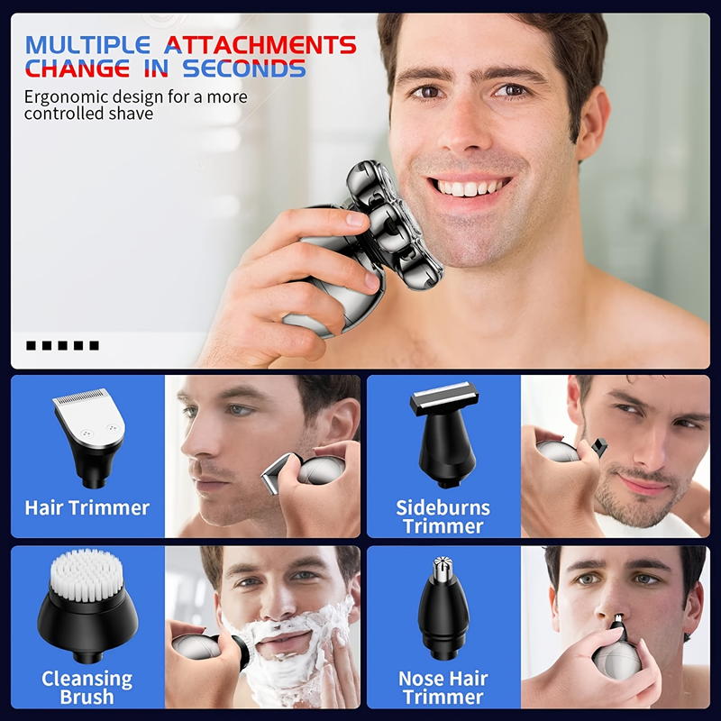 5-in-1-Masterkit zur Glatzenpflege – Elektrorasierer mit Rotationsklingen, Haarschneider, Nasenhaartrimmer, Bürste und Massagegerät – kabellos_voghion.com