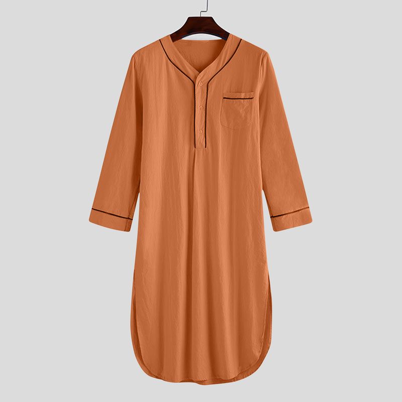 2025 Frühling Muslimischen Mittellangen Lose Feste Pyjamas männer Homewear Nachtwäsche Farbe Block_voghion.com