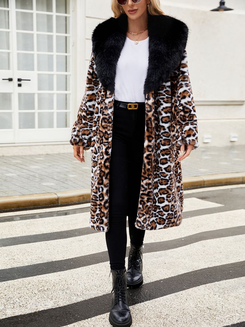 Cappotto in pelliccia sintetica extra lungo da donna con collo in pelliccia sintetica staccabile – Elegante soprabito invernale con stampa leopardata_voghion.com