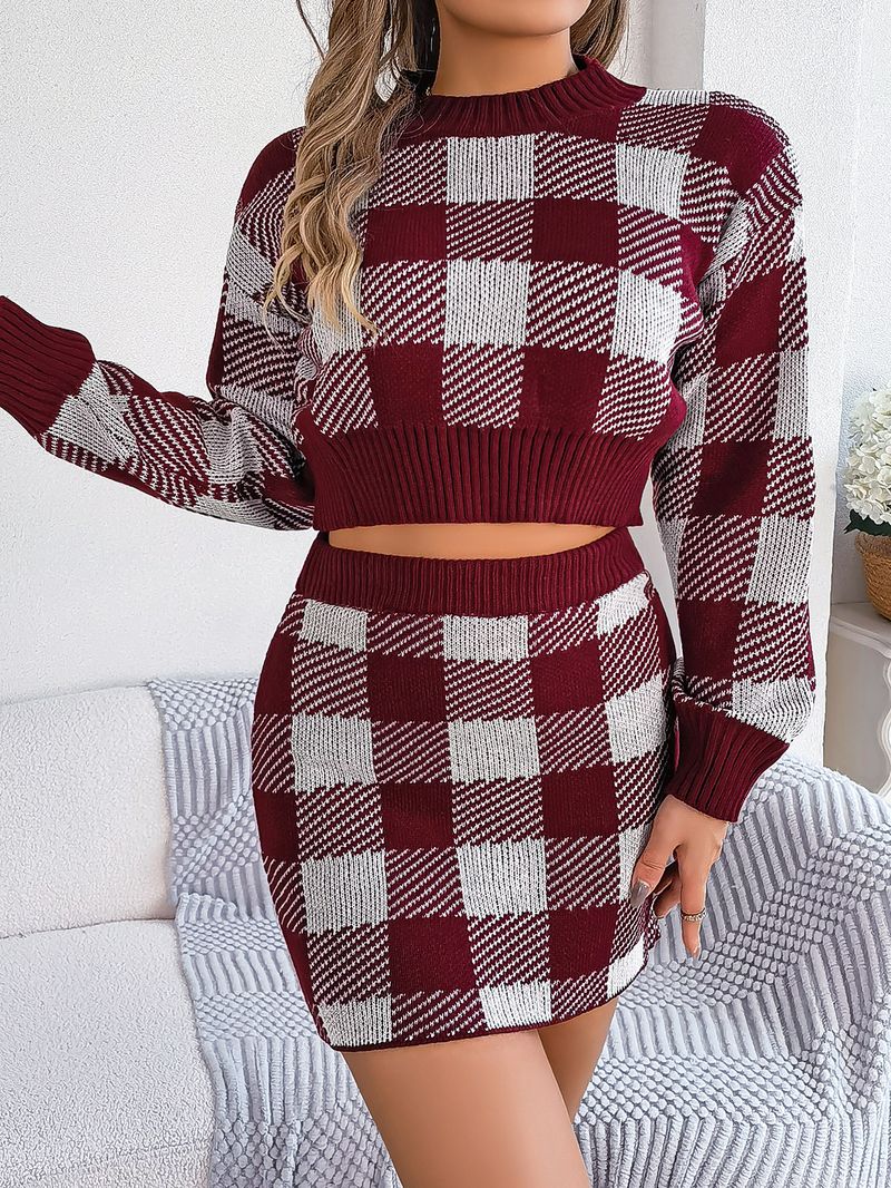 Maglione casual da donna a maniche lunghe scozzese a contrasto con ombelico scoperto, tailleur con gonna che copre i fianchi, abbigliamento_voghion.com