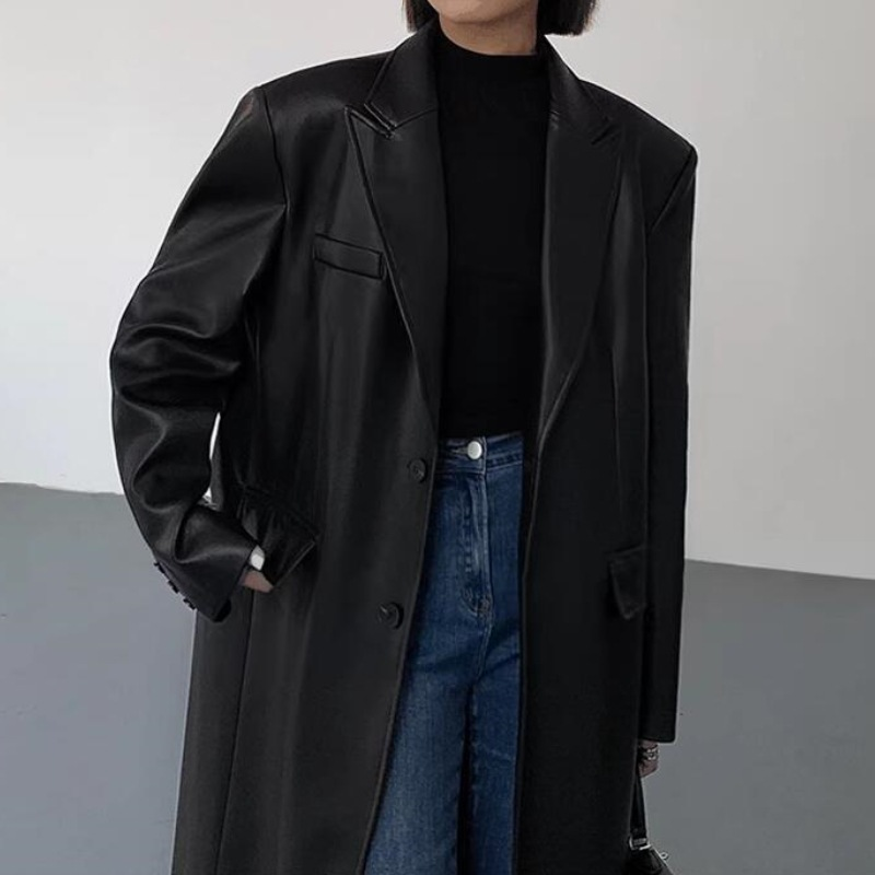 Cappotto casual da donna sopra il ginocchio in pelle pu_voghion.com