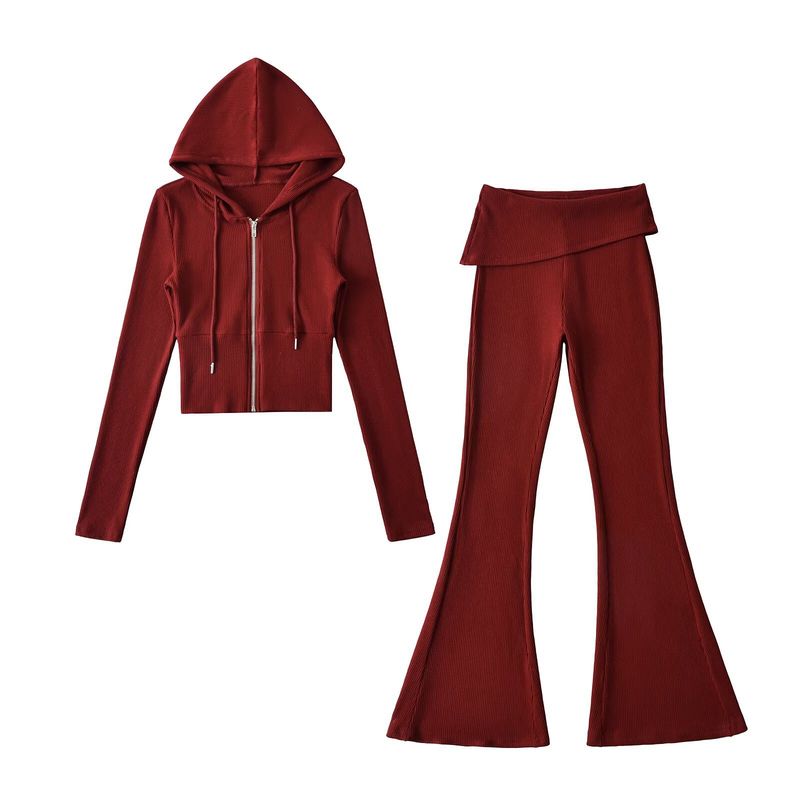 Fitted Flare Pants & Hooded Top Set - Slimming High-Waist Bell Bottoms With Asymmetric Detailing, Trendy Streetwear Outfit (Black/Gray/Khaki/Red, S-L)_voghion.com
