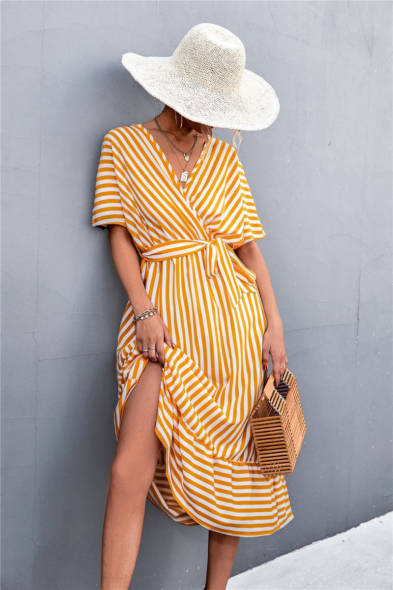 2023 Spring/Summer New Classic Cross V-Neck Strap Stripe Dress_voghion.com