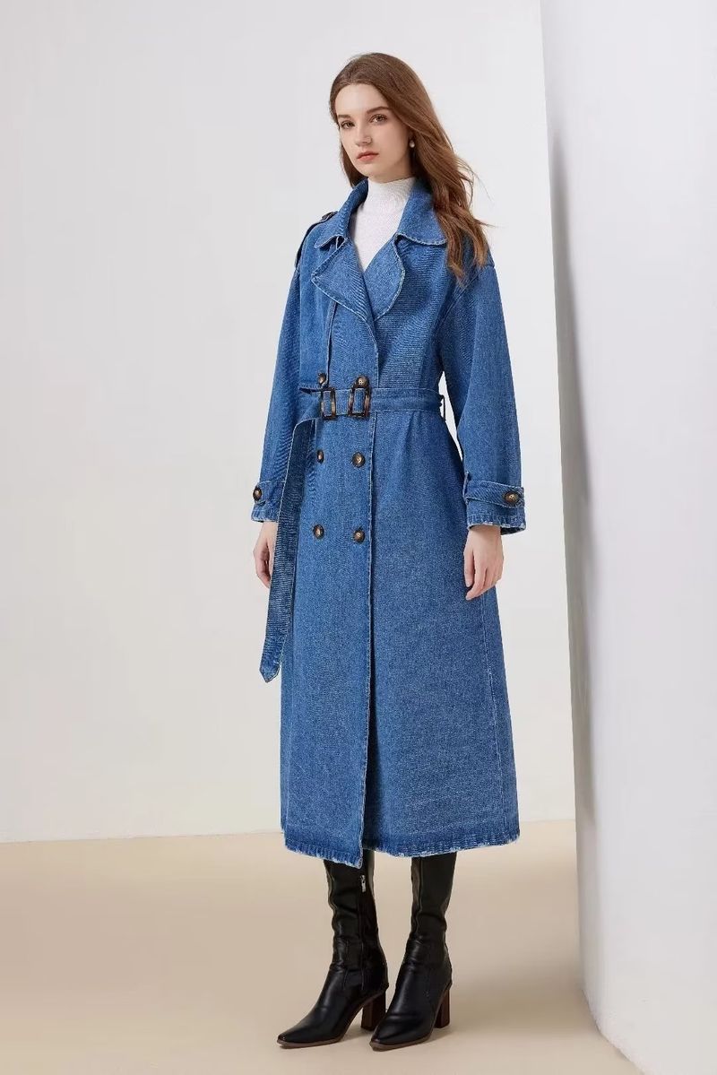 Damenbekleidung Herbst New Style Temperament Freizeit Blue Denim Slim Fitting Krawatte Taille Lange Windjacke_voghion.com