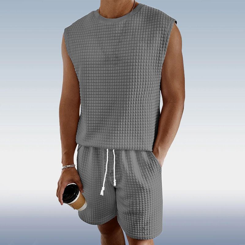 New Men's Sportswear Summer Leisure Suit Small Square Sleeveless Undershirt Shorts Suit_voghion.com