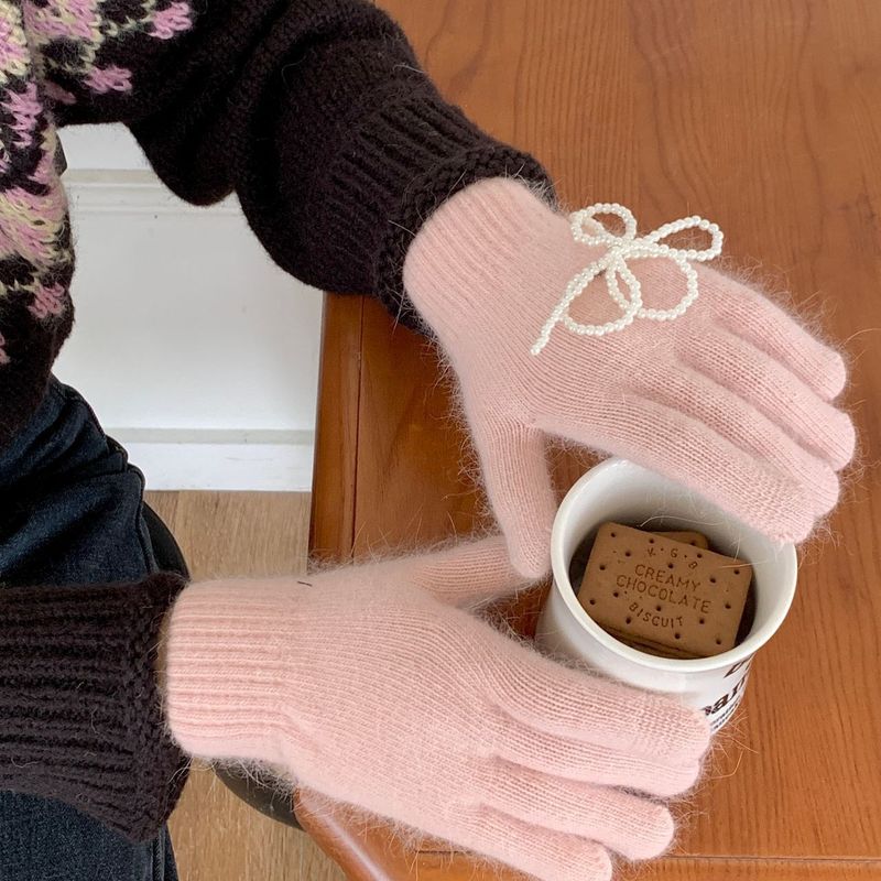 Pearl Bow Gloves Women's Winter Fingerless Knit Solid Color Style_voghion.com