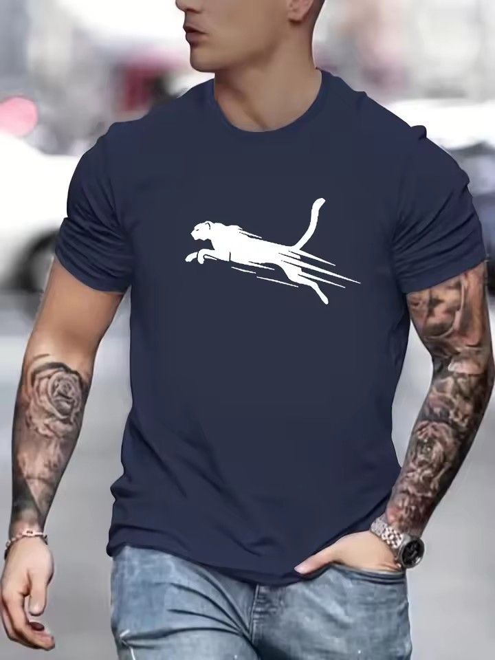 T-shirt girocollo a maniche corte, versatile e casual da uomo, con stampa 3D di ghepardo, stile High Street_voghion.com