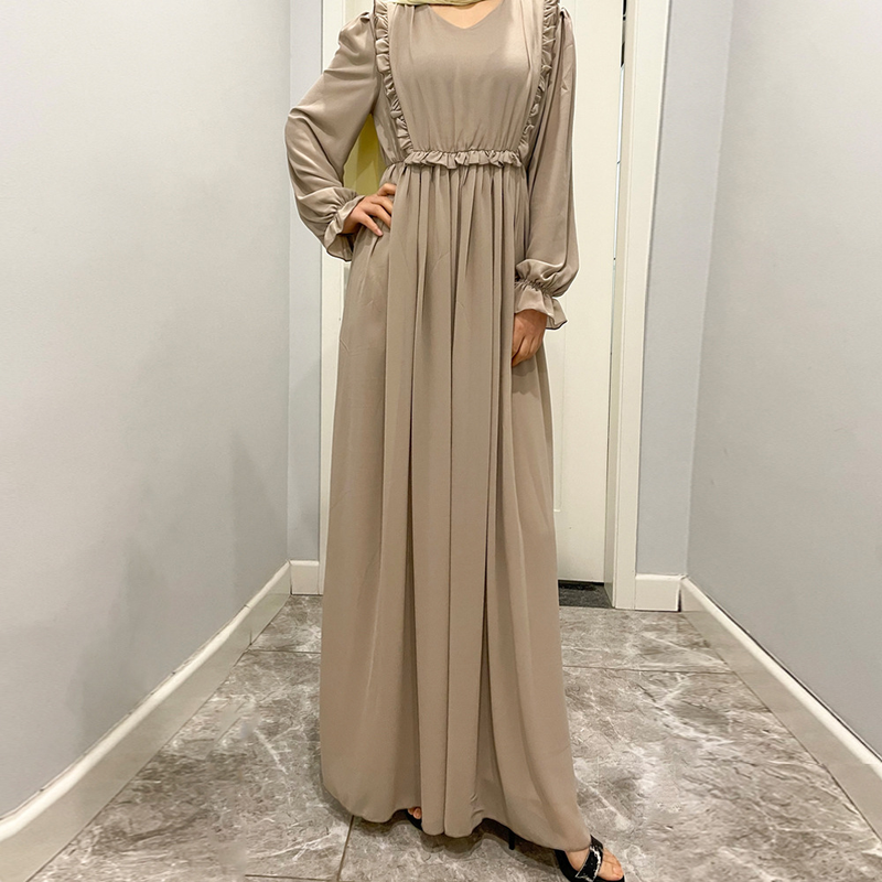 Damen-Kleid mit langen Ärmeln aus Holzohrkanten, einfarbig, langes Kleid aus Chiffon für Damen_voghion.com