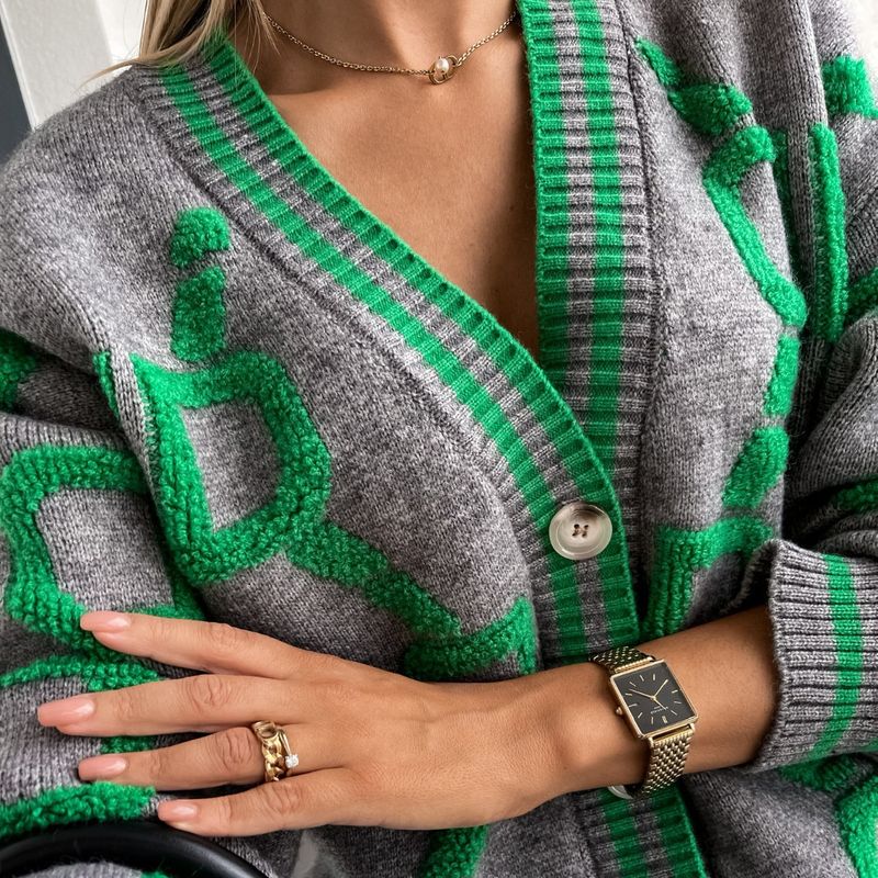 Damen-Cardigan mit V-Ausschnitt und Jacquard-Muster, weiche Lammwollmischung, lockere Passform, lange Ärmel, lässiger und eleganter Stil für den Herbst_voghion.com