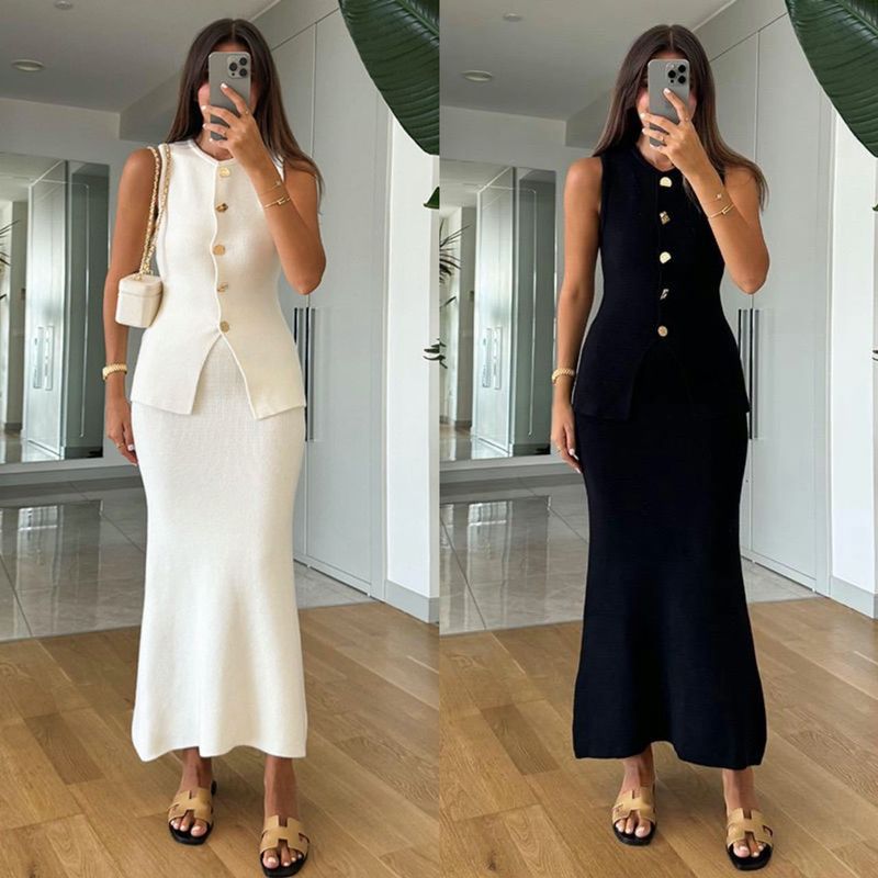 Ensemble deux pièces pour femme, gilet tendance d'été, couleur unie, coupe slim, moulant, jupe longue tricotée_voghion.com