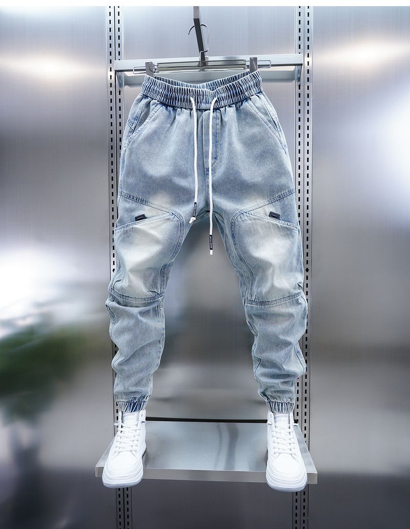 Men's Multi-Pocket Work Jeans – Loose Cuff Washed Denim Pants, Retro Utility Style With Nine-Point Harem Fit_voghion.com