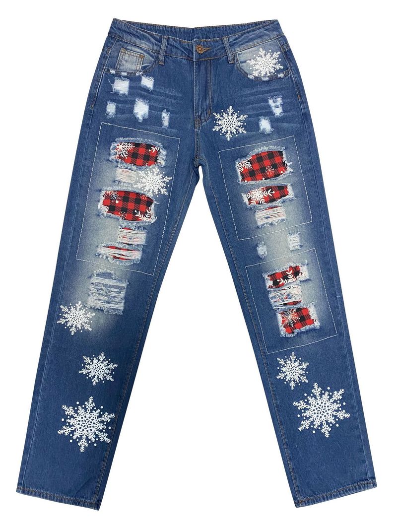 Gerade Jeans Damen Weihnachten Schneeflocke Gedruckt Patch Zerrissene Denim Hose_voghion.com