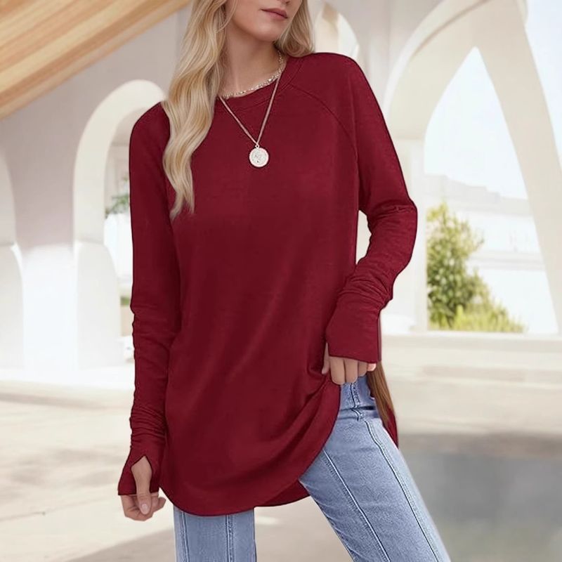 Women's Spring And Autumn Long Sleeve Dividing Finger Hoodie 2025 Solid Color Round Neck New Top T-shirt_voghion.com