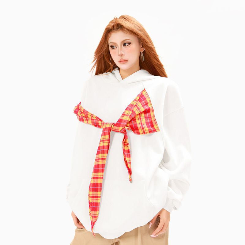 Felpa con cappuccio patchwork a quadri con lacci e farfalle, stile americano, marchio alla moda da uomo, design casual e ampio_voghion.com