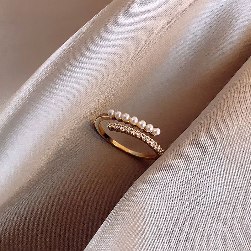 Anelli leggeri con micro strass per donna, eleganti anelli impilabili per feste di nozze, in perle simulate color oro_voghion.com