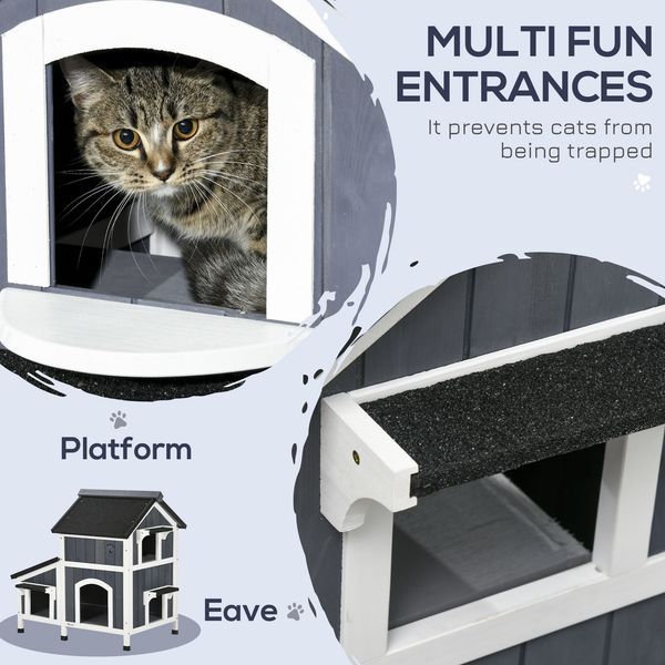 PawHut Outdoor Cat House With Flower Pot, 2-Story Feral Cat House With Weather Resistant Roof, Wooden Cat Shelter With Window, Multiple Entrances_voghion.com